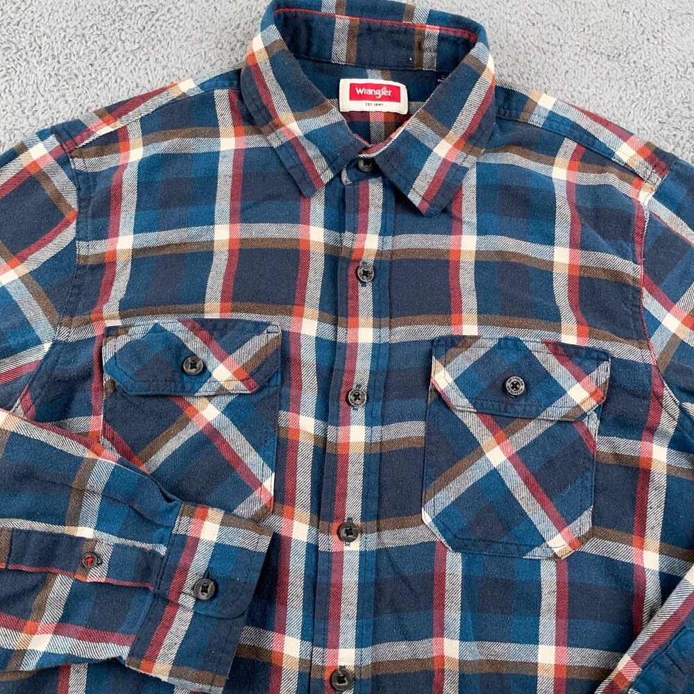 Wrangler Shirt Mens Medium Blue Red Flannel Plaid Workwear Outdoor Casual